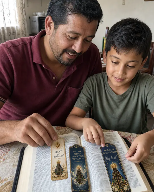 Father and son placing Catholic bookmarks in a Bible