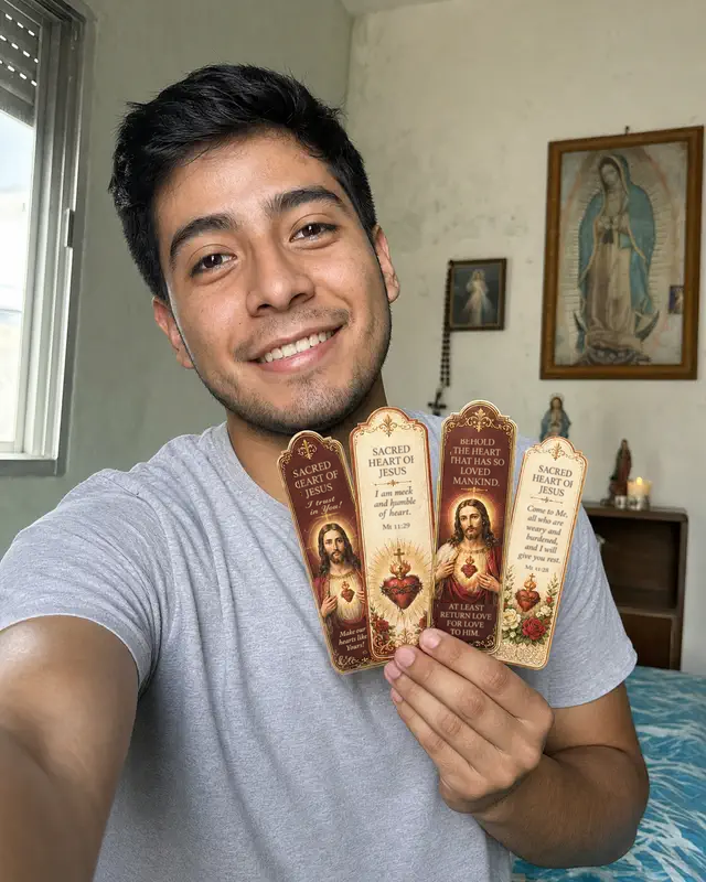 Young person showing red Sacred Heart of Jesus bookmarks
