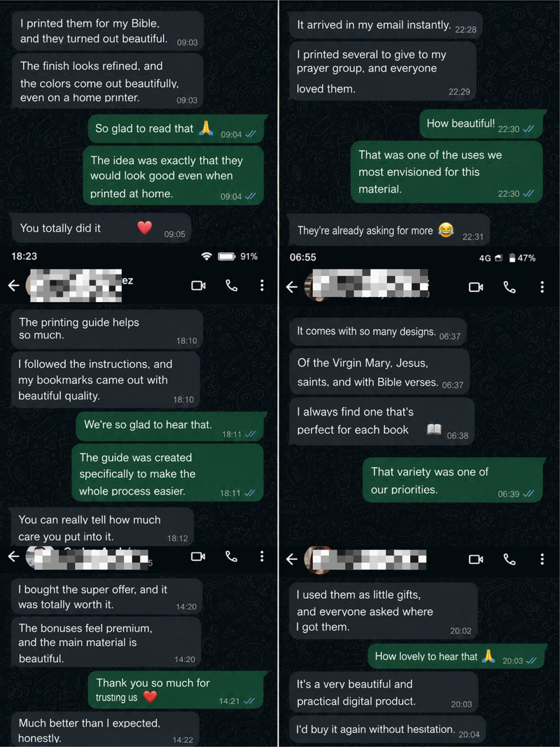 Customer testimonials on WhatsApp